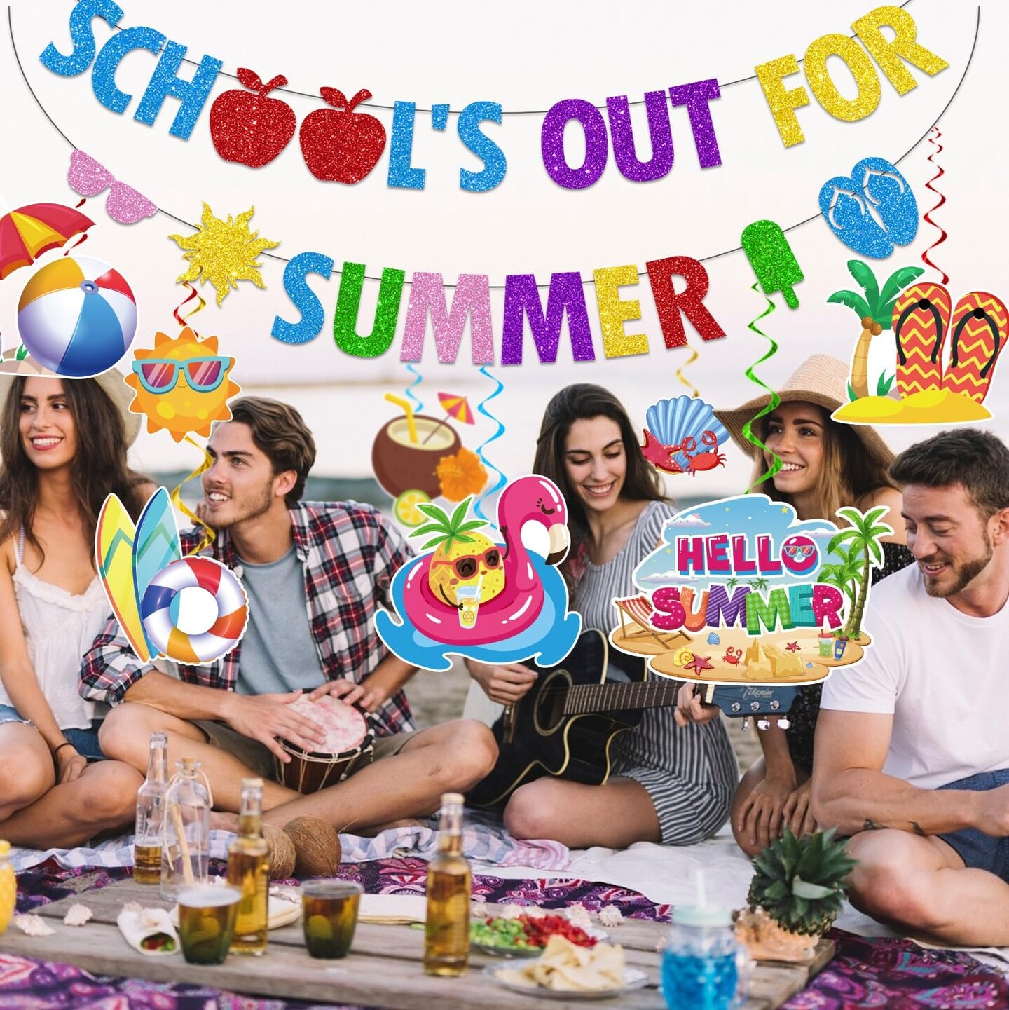 Schools Out for Summer Decorations Banner Swirls, NO-DIY End of School Year Party Decorations Include 1 Pc Out for Summer Banner and 8 Pcs Hanging Swirls