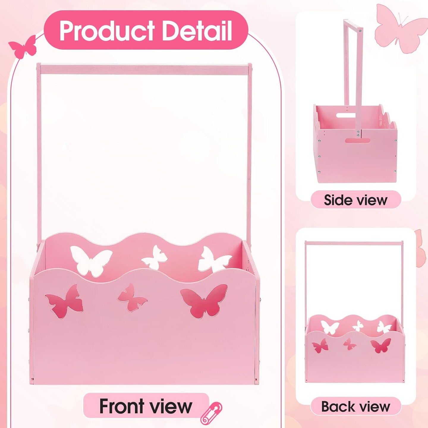 Wooden Crate for Baby Shower Storage Crate Basket with Handle Baby Registry Hamper Pregnancy Gift for New Parent(Pink,Butterfly)