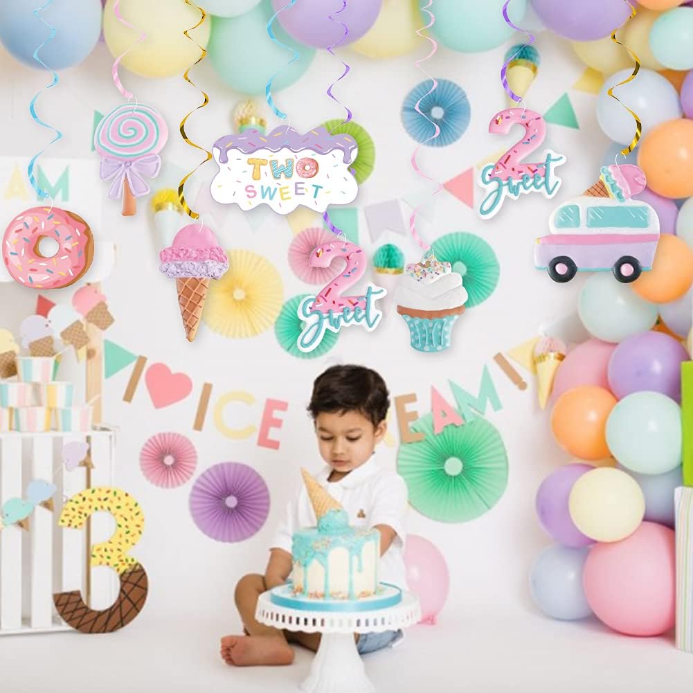Pastel Ice Cream Two Sweet 2nd Birthday Party Supplies, Ice Cream Donut Party Hanging Swirls Decorations, Summer Ice Cream Party Hanging Streamers for Ice Cream Baby Second Birthday Donut Theme Party