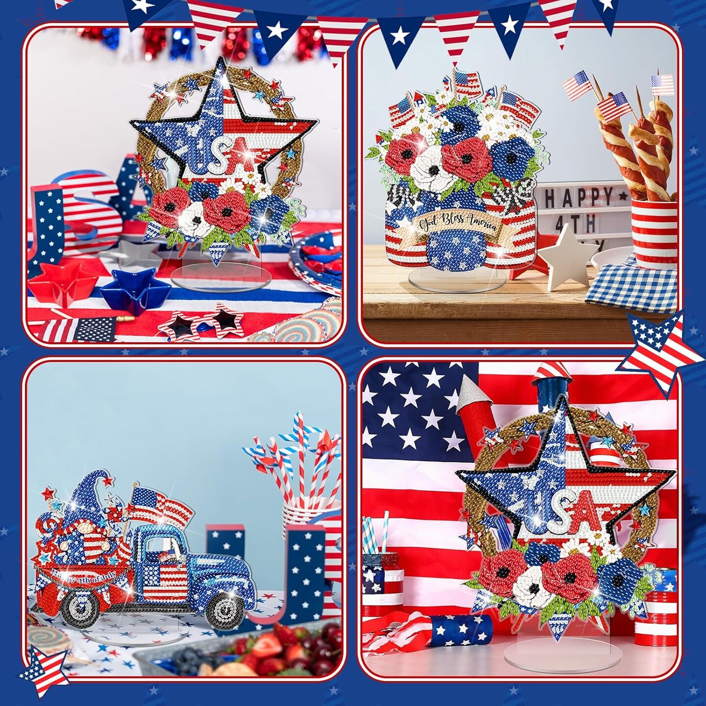 3 Pcs Memorial Day Diamond Painting Kit Tabletop Decorations Patriotic Centerpieces 4th of July DIY Diamond Art Independence Day Desktop Ornaments