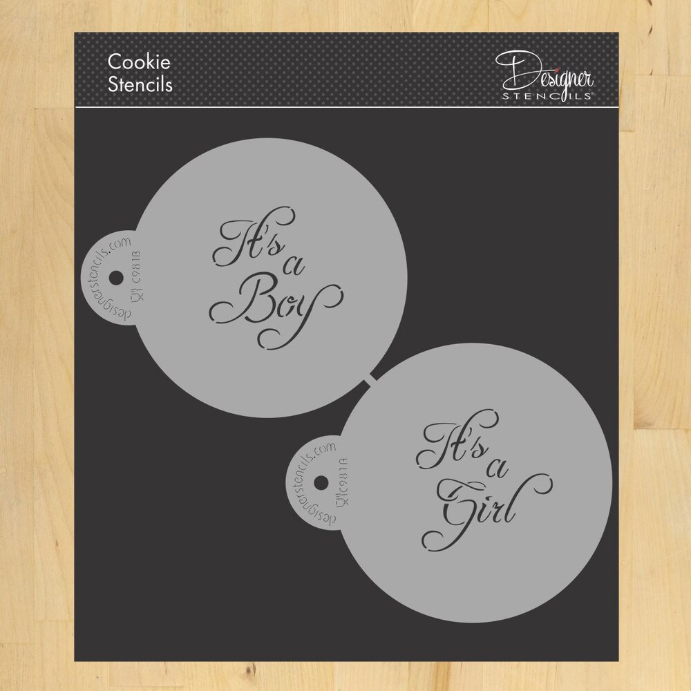 Script It's a Boy, It's a Girl Cookie Stencil Top | C981 by Designer Stencils | Cookie Decorating Tools |