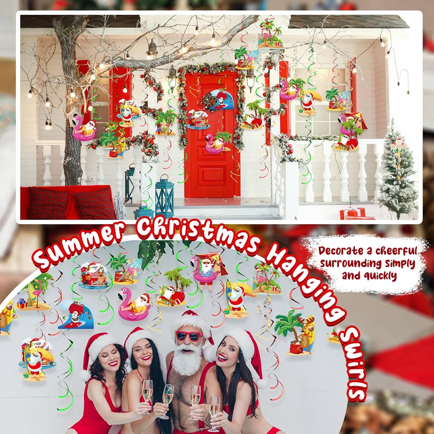 30 Pieces Summer Christmas Hanging Swirls Decor July Summer Hanging Swirl Christmas Ceiling Wall Streamers Decoration Summer Beach Party Supplies Foil Swirl for Xmas Holiday Party Supplies
