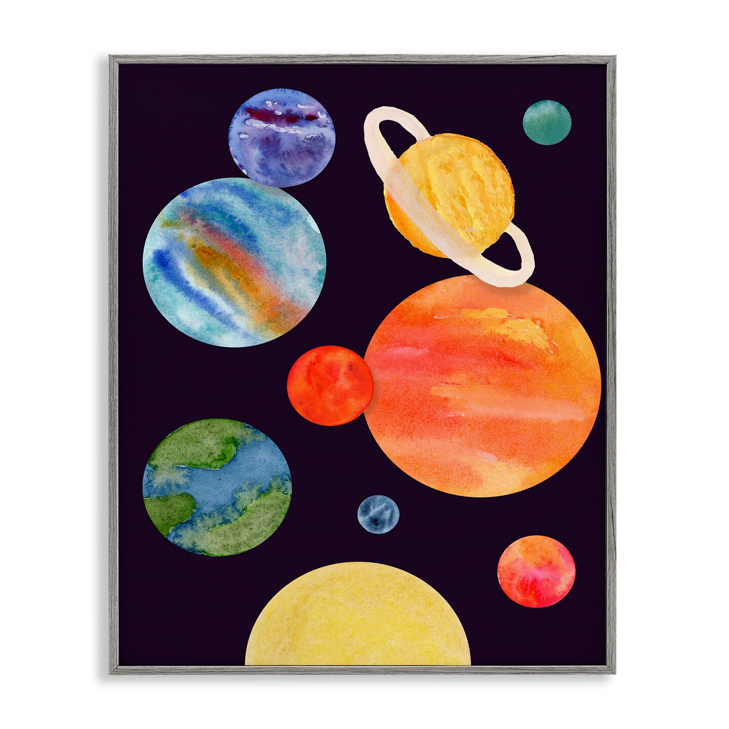 Stupell Industries Watercolor Planets on Black Framed Giclee Design by Corinne Rose Designs