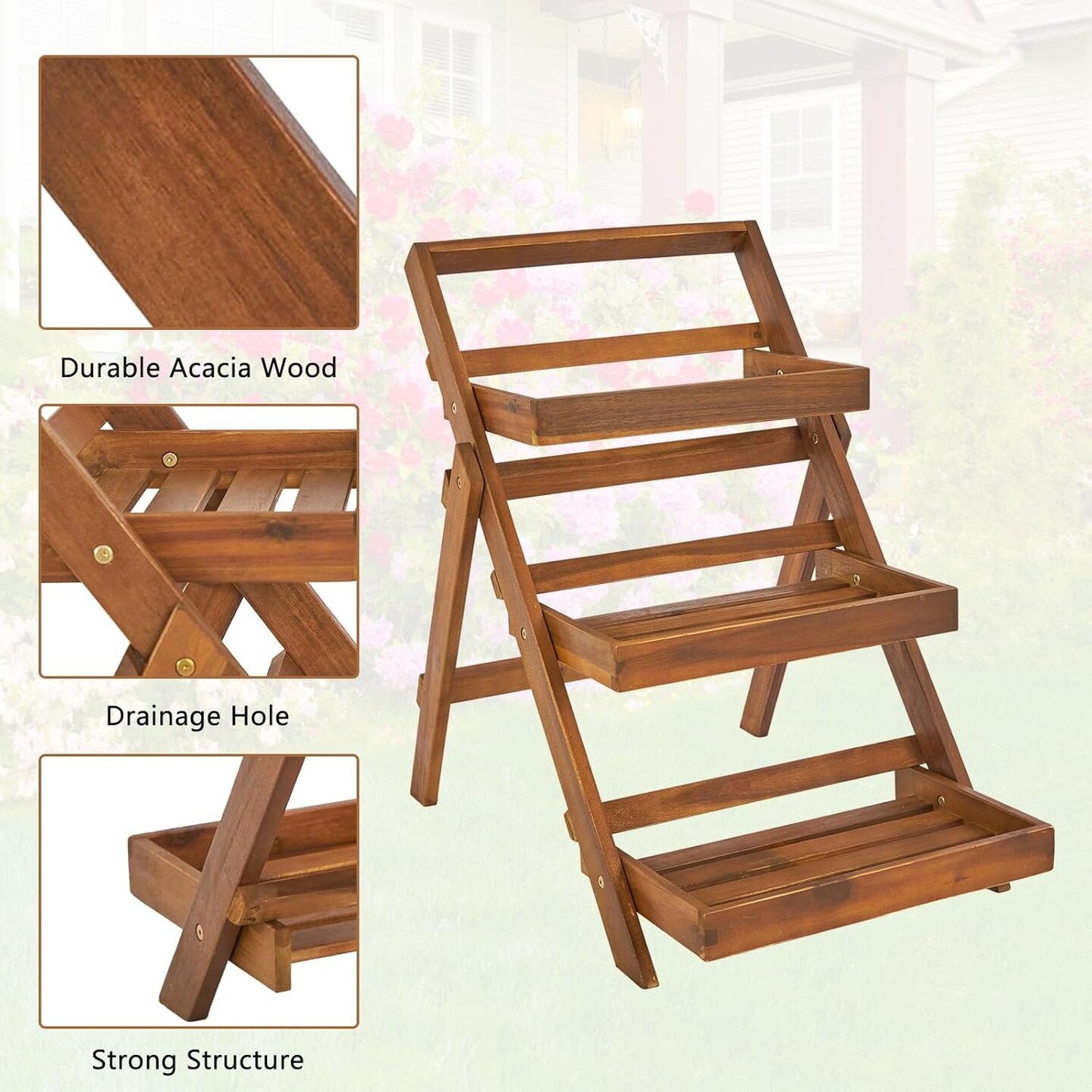 3-Tier Foldable Acacia Wood Plant Stand Display Rack