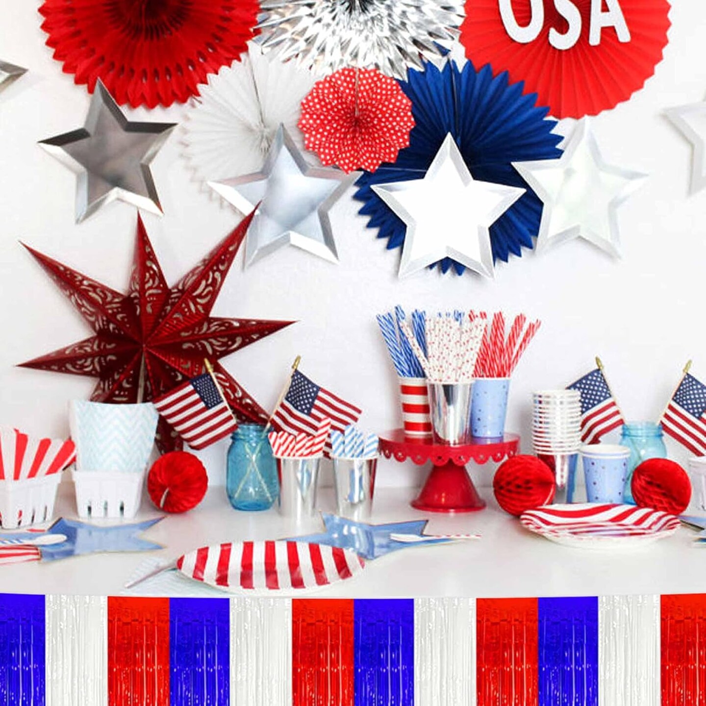 3 Pack 10 Ft White Blue Red Foil Fringe Garland Metallic Streamers Tinsel Banner Wall Hanging Garland Backdrop for Parade Floats, Halloween, Christmas, Thanksgiving, New Year Party Decorations
