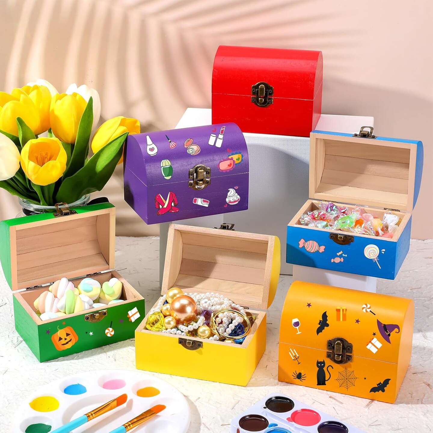 12 Pcs Unfinished Wooden Treasure Chest Boxes 4.7 x 3.5 x 3.1 Inch Mini Small DIY Treasure Chests Craft Bulk with Hinged Lid to Paint Party Gifts Prizes(Colorful)