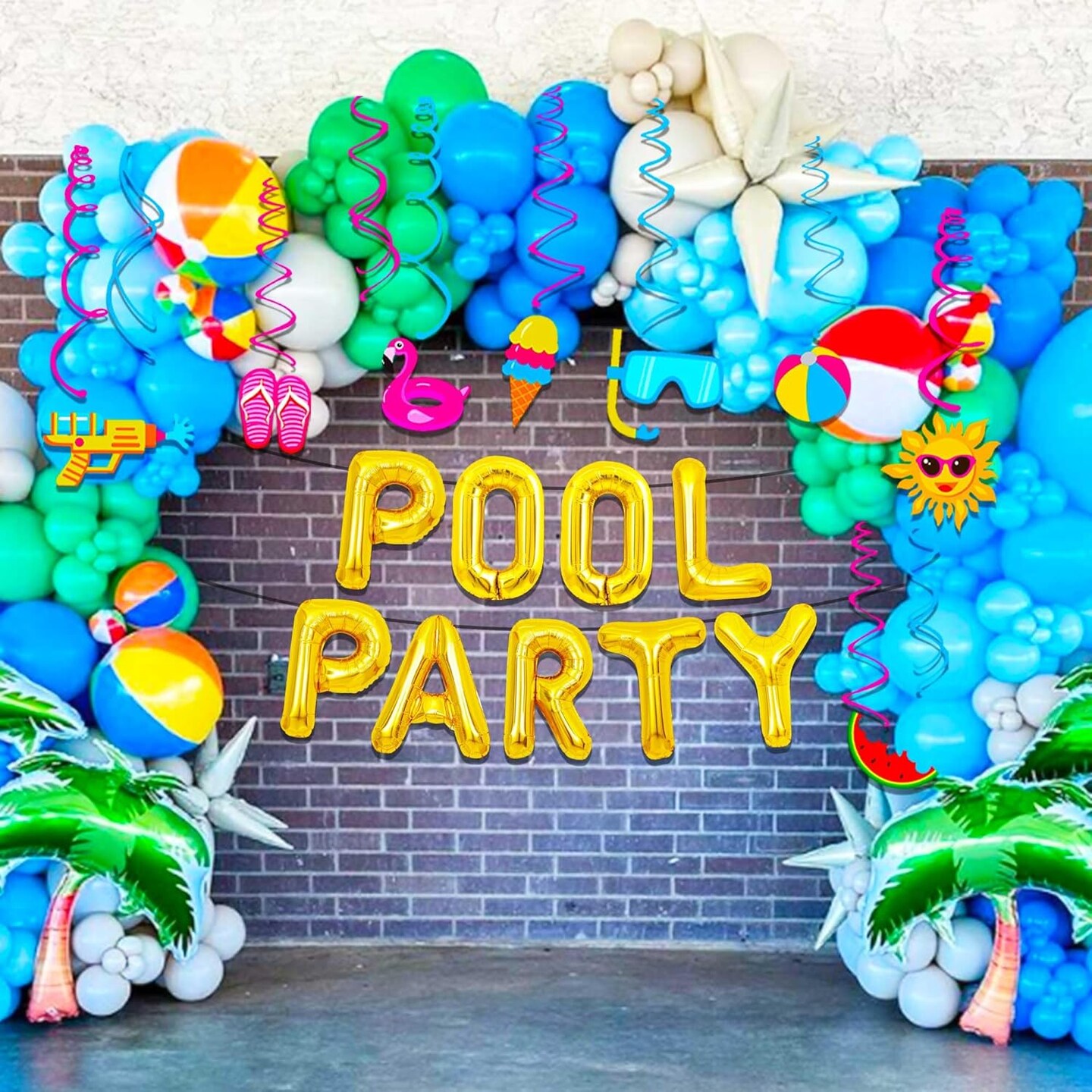 Summer Pool Party Hanging Swirls Decorations – 15 Pack Foil Ceiling Swirls with Beach Balloons & Banner, Tropical Swimming Pool Party Favors