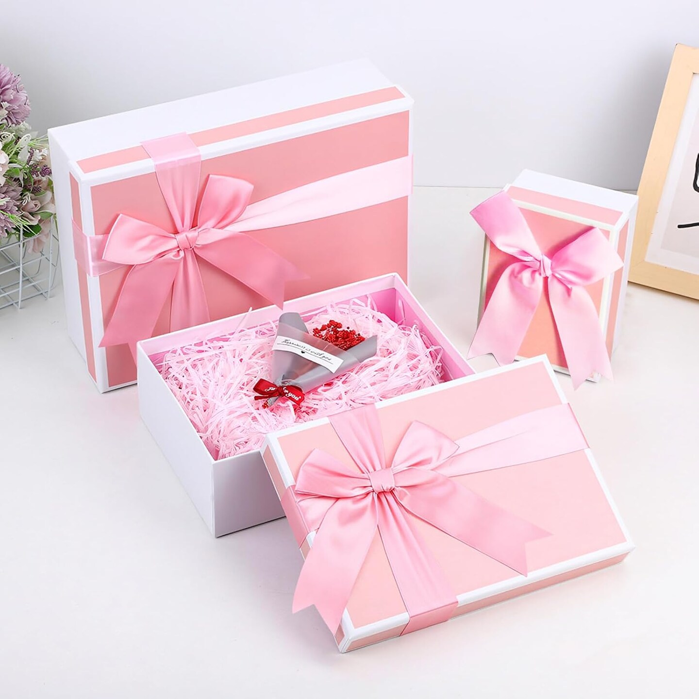 Gift Boxes With Lids For Presents, Set Of 3 Pink Gift Wrap Boxes With Ribbon, Assorted Boxes For Presents, Sturdy &#x26; Pre-Wrapped Gift Box
