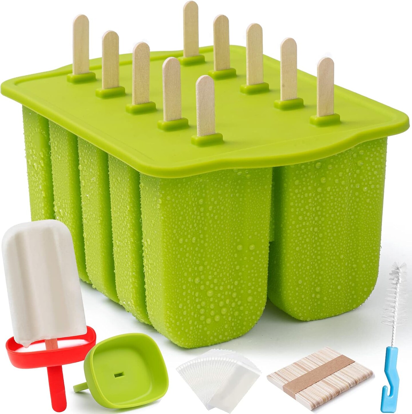 10 Cavity Large Silicone Popsicle Molds with Popsicle Holders/Popsicle Drip Catcher, Silicone BPA-Free Popsicle Maker Mold Set Ice Pop Mold, with 50Pcs Popsicle Sticks