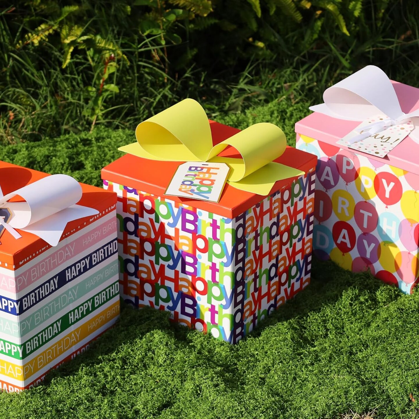 Medium Birthday Gift Boxes with Lids for Presents, Text Design Collapsible Gift Box for Birthday, Baby Shower, Party