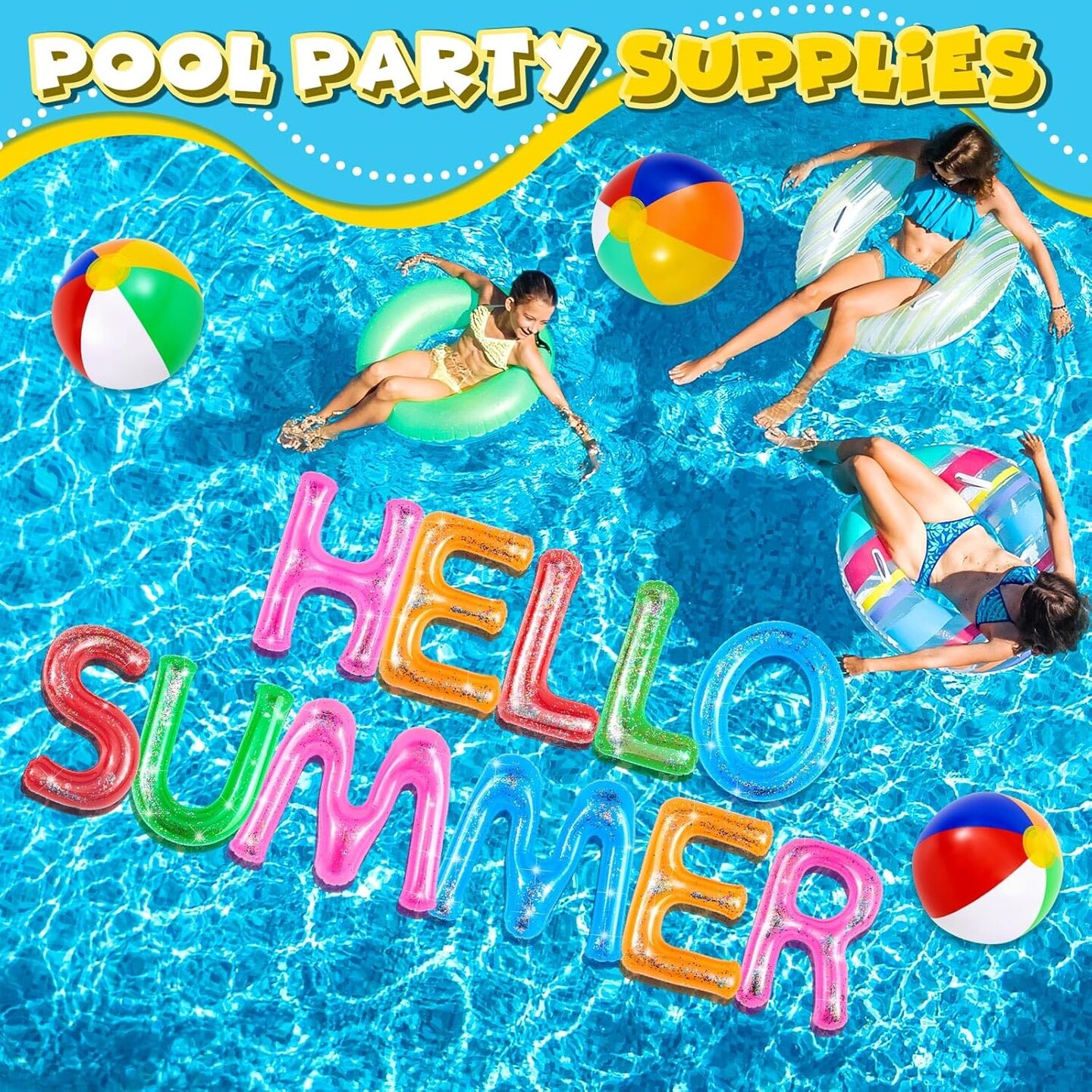 Hello Summer Floating Pool Letters Summer Party Decoration Inflatable Floats Letters Decoration Surfboard Hawaiian Luau Inflatable Signs with 4 Beach Balls