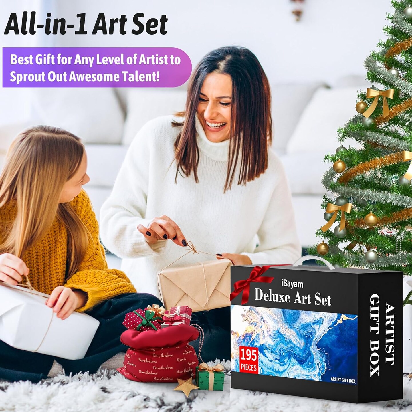 195-Piece Deluxe Art Set for Kids, Teens & Adults – Complete Artist Gift Box with 3 Drawing Pads, A4 Canvases, Arts & Crafts Supplies, Painting and Drawing Tools, and 24-Color Acrylic Paint Set