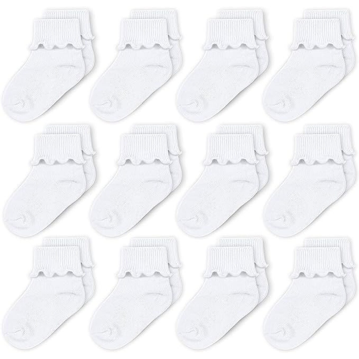 CozyWay Toddler Ruffle Socks Baby Girl Turn Cuff Ankle Comfy Cotton Socks - 3T-5T Unisex White - 12 Pack