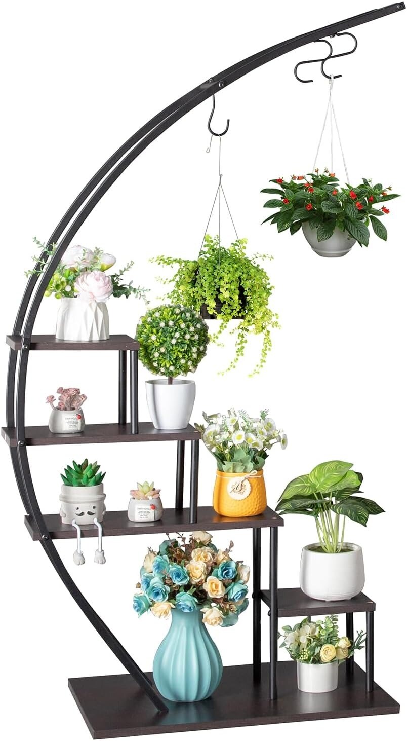 5-Tier Semicircle Iron &#x26; Wood Plant Stand