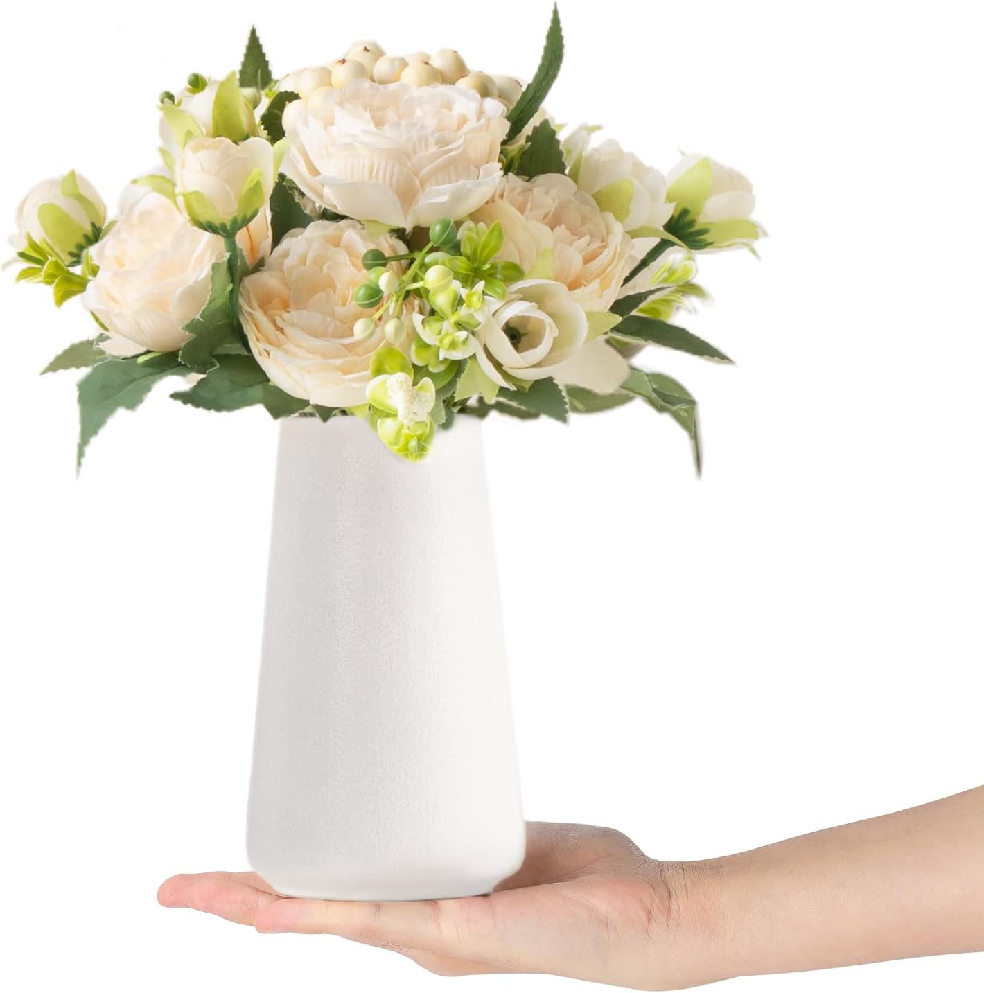 Small Artificial Flowers in Ceramic Vase Centerpieces Table Decor, Silk Flower Arrangements for Home Decor Indoor Fake Flower Bouquet