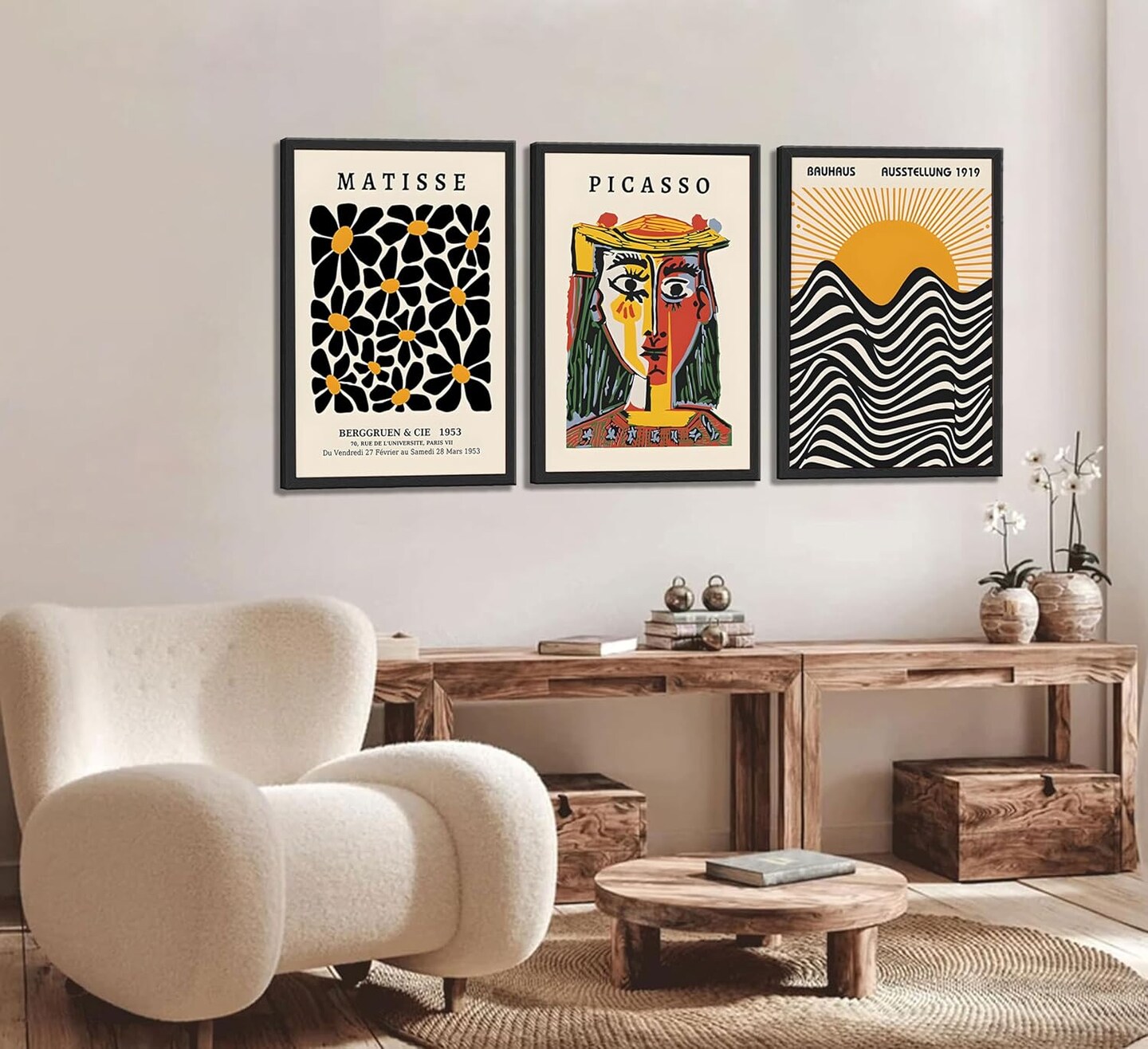 3 Pcs Picasso Matisse Bauhaus Wall Art Set Minimalist Geometric Canvas Paintings Orange Black Modern Minimalist Wall Decor Prints Posters Pictures Living Room Gallery Bedroom Decoration (Unframed,