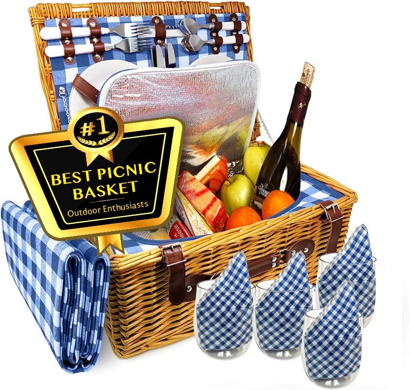 Picnic Basket Set, Wicker Basket with Handle for Outdoors, Insulated Woven Basket, Includes a Service Kit of Dinnerware &#x26; Wine Glasses, Picnic Basket Set for 4 with Blanket, Blue &#x26; White