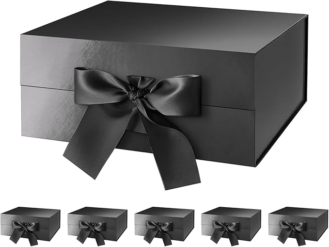 6 Black Gift Boxes with Lids, Gift Boxes with Ribbon 9x6.5x3.8 Inches, Groomsmen Proposal Boxes, Magnetic Gift Boxes for Presents (Glossy Black, Pack of 6)