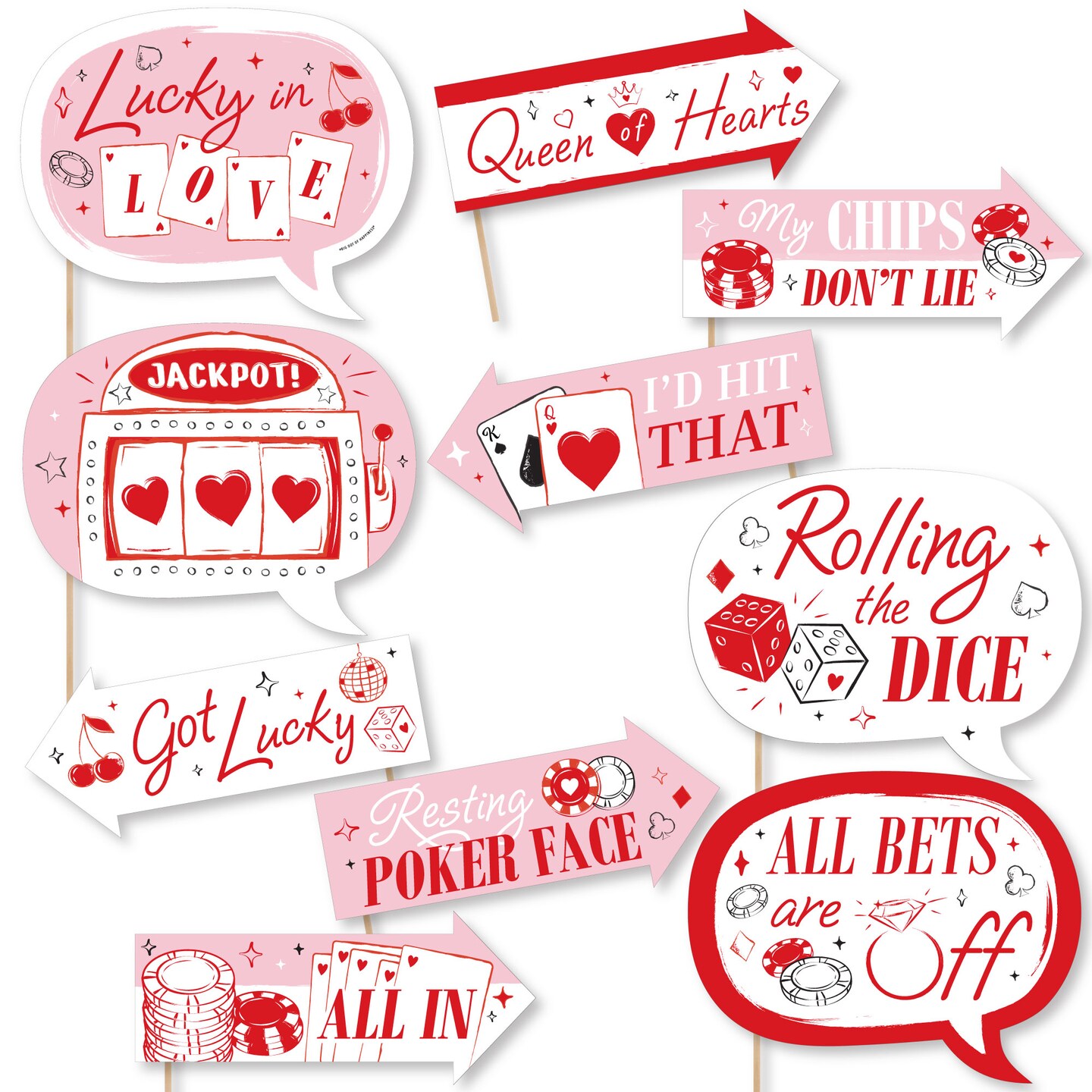 Big Dot of Happiness Funny Lucky in Love Photo Props, Las Vegas Bachelorette Party Decorations, Red & Pink Photo Booth Props Kit - 10 Piece