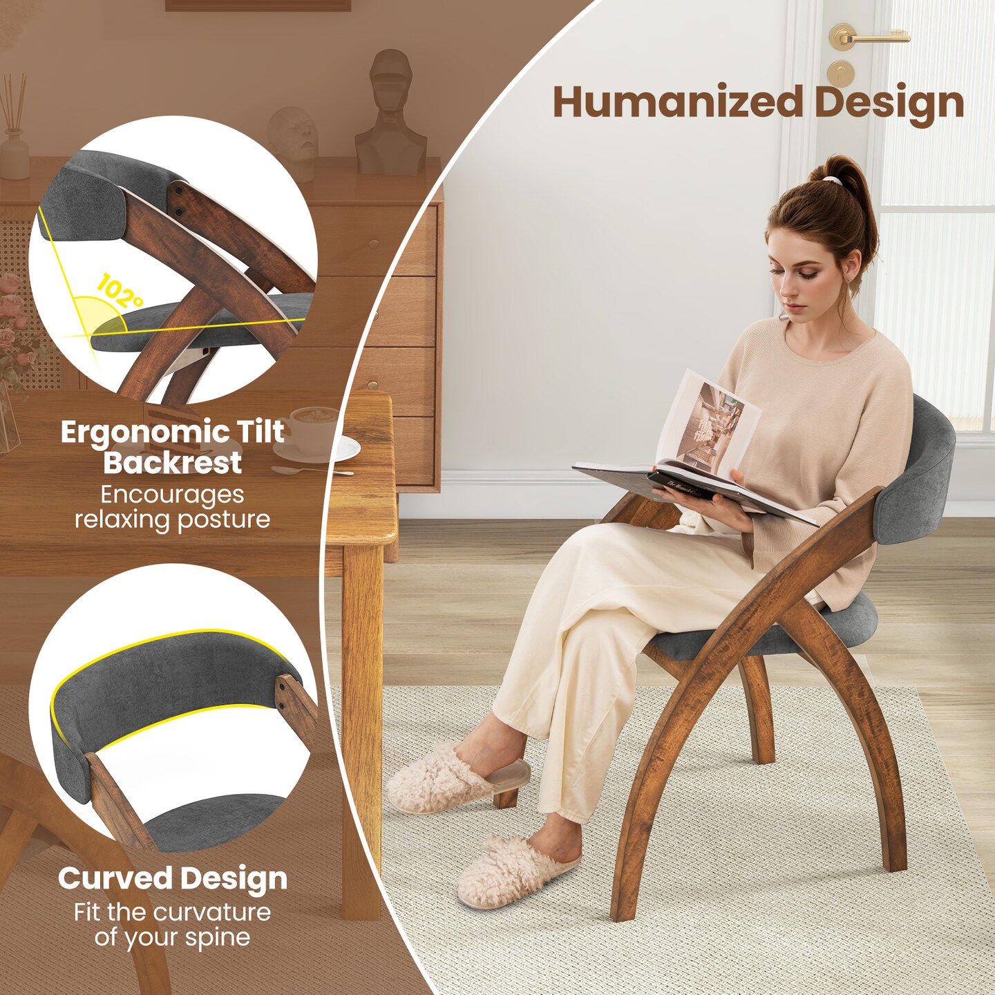 Set of 2 Y-Shaped Dining Chair with Padded Cushion Seat and Ergonomic Curved Back