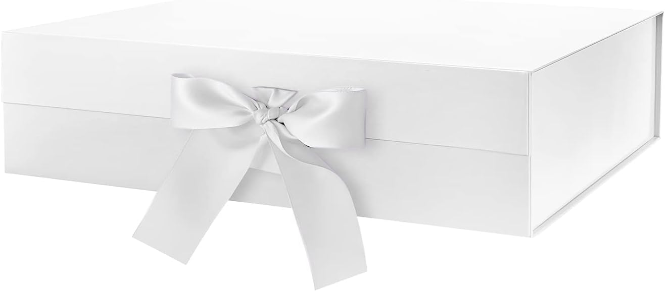 Large Gift Box with Lid for Presents, Mom Day White Magnetic Gift Box with Ribbon, Bridesmaid Proposal Box, Luxury Gifts Box (Glossy White)
