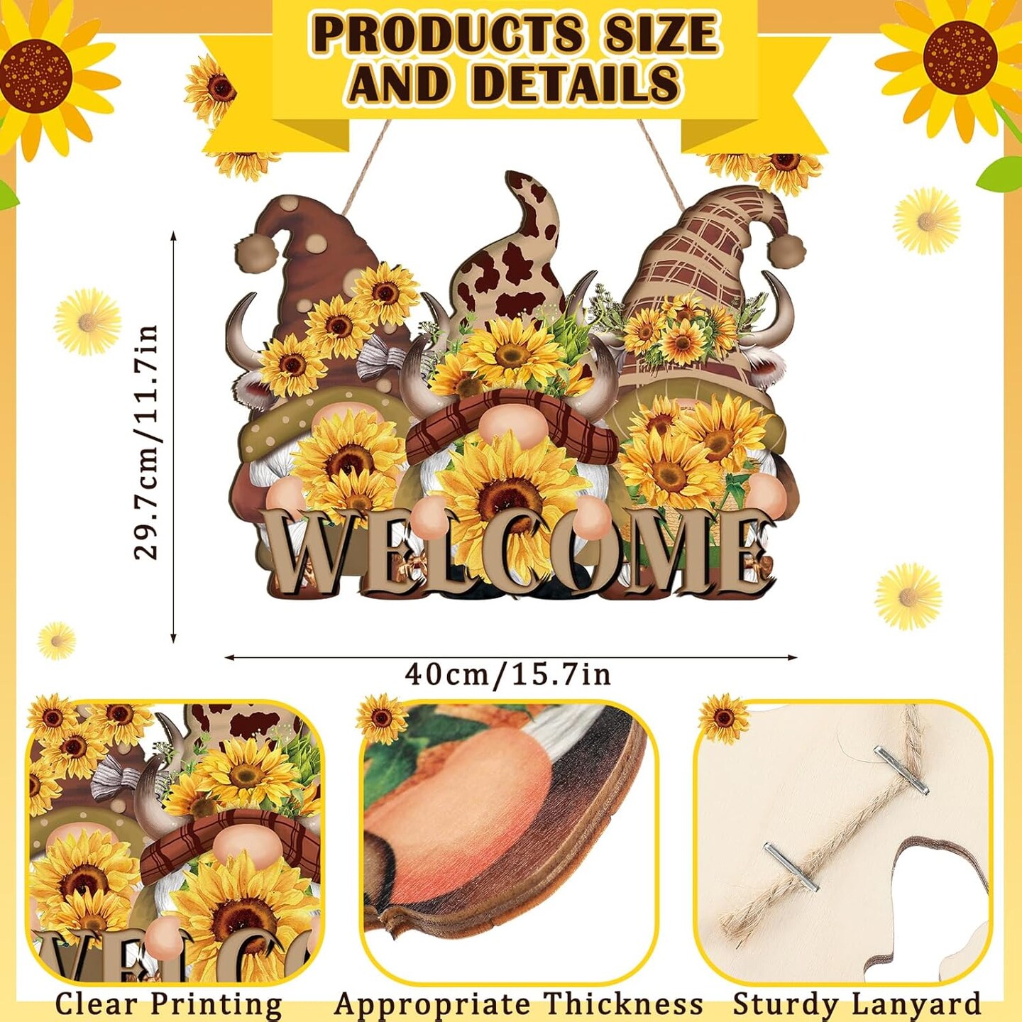 Sunflower Welcome Wood Door Hanger 15 Inch Large Wooden Flower Sign Inspirational Wall Porch Art Summer Fall Front Door Wreath Hanging for Bedroom Living Room Indoor Outdoor Kitchen Home Decor