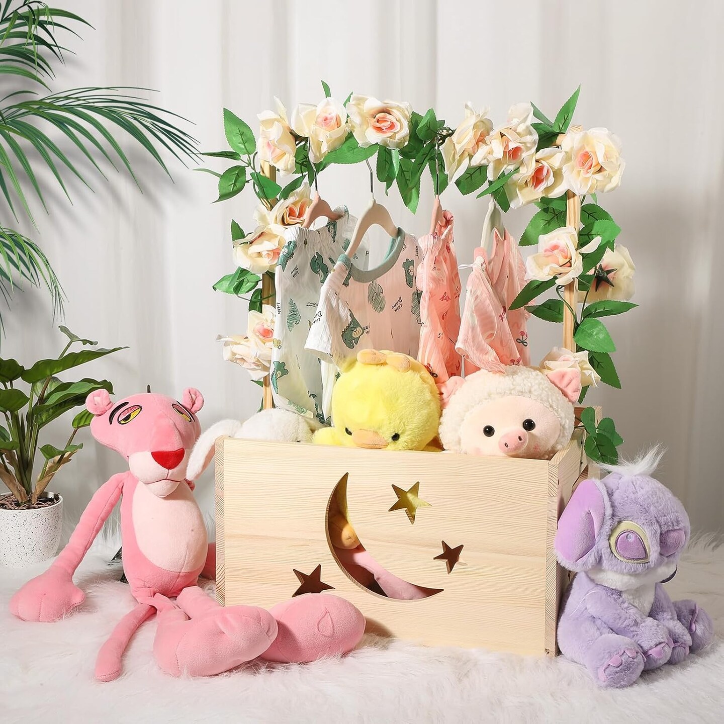 Wooden Baby Shower Crate Closet, Personalized Shower Basket Wooden Crate Box with Handle, Easy Assembly Baby Gift Basket, Pregnancy Gifts for New Parents with Hanger &#x26; Garland