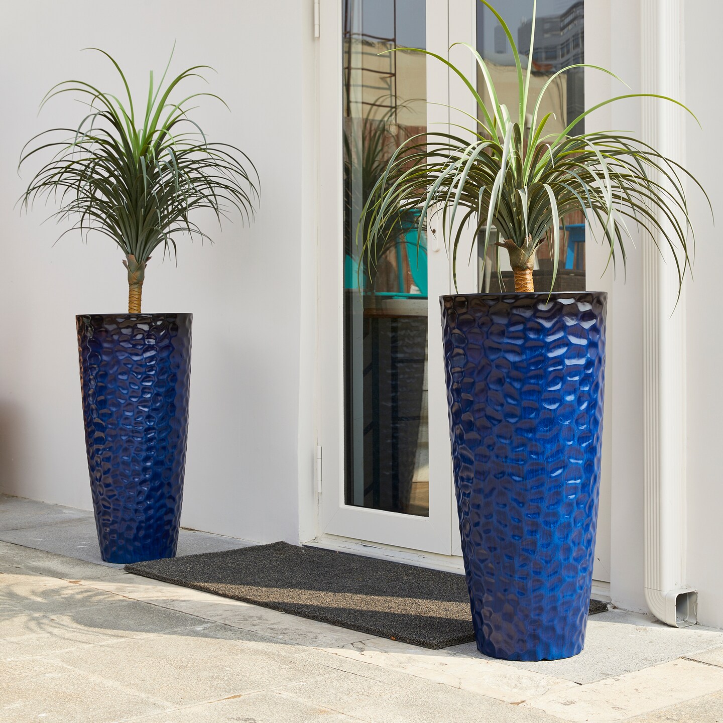 31"H Set of 4 Oversized Honeycomb Textured Cobalt Blue Tall Plastic Planter