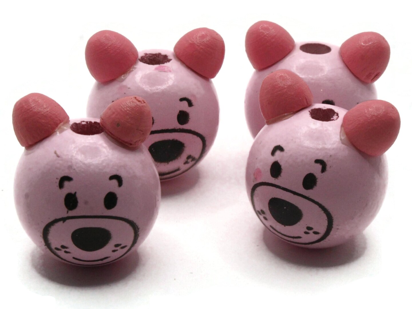 4 26mm Round Pink Wood Bear Head Beads Large Hole Wooden Beads