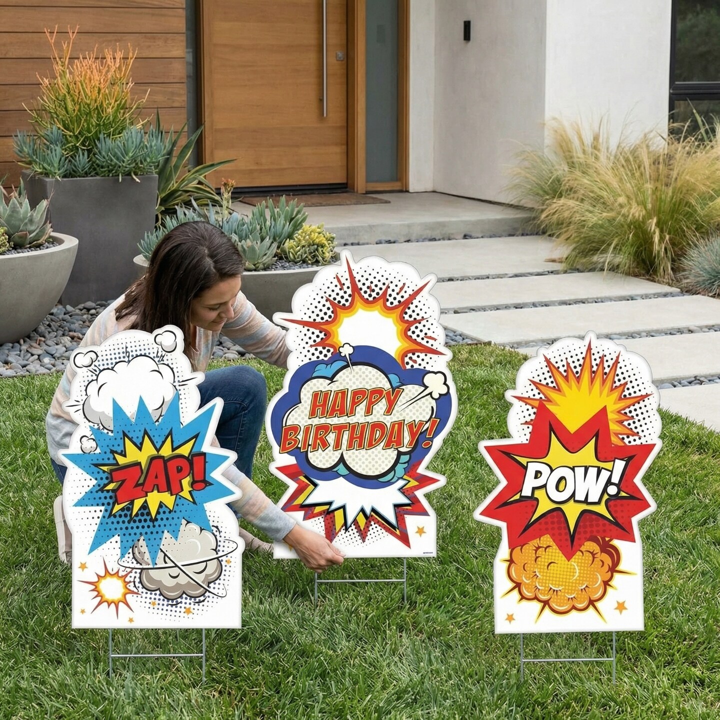 Superhero Birthday Party Yard Signs with Stakes, 24.8" x 15.8", Assorted Designs, Pack of 3