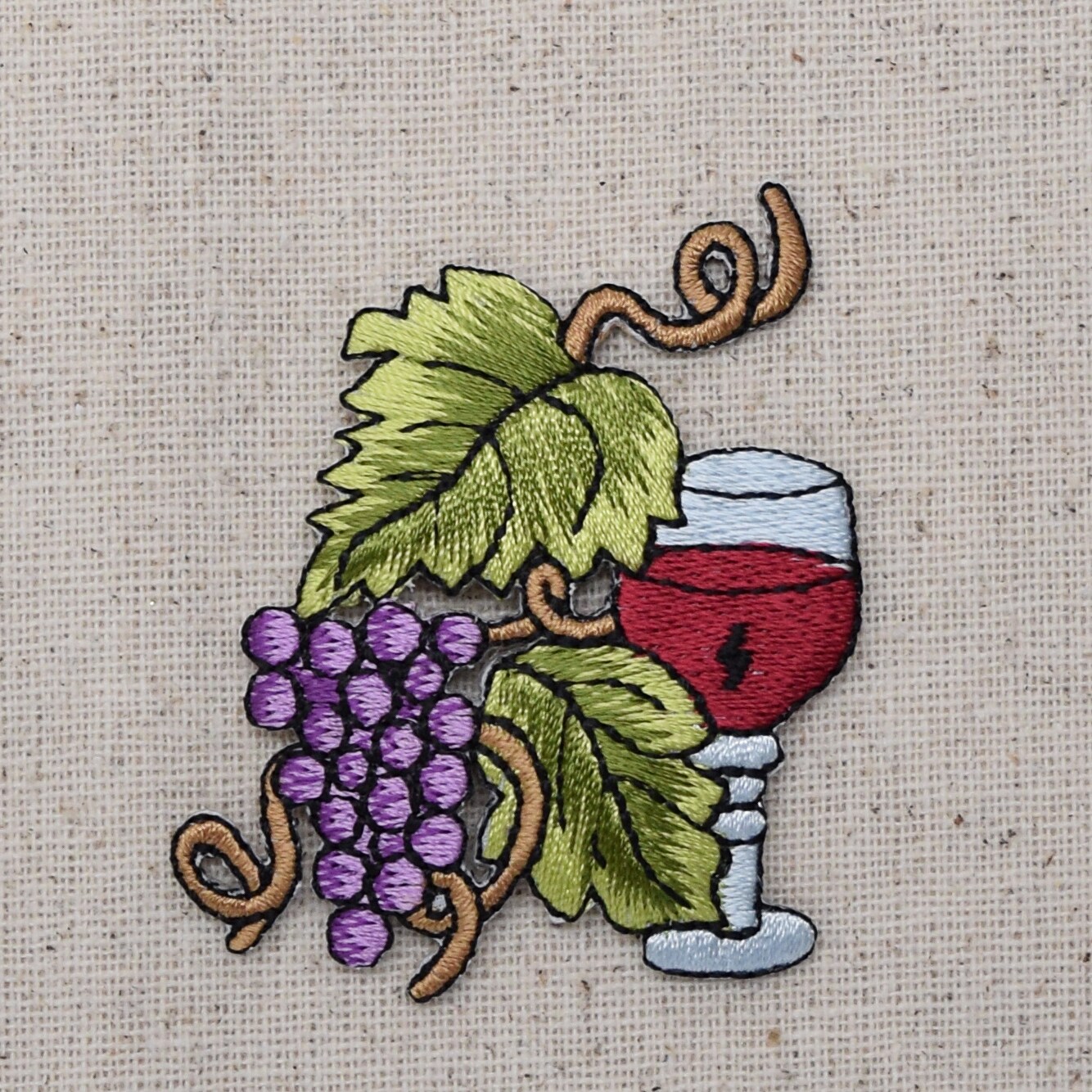 Grapes with Wine Glass and Grapevine Embroidered, Iron on Patch