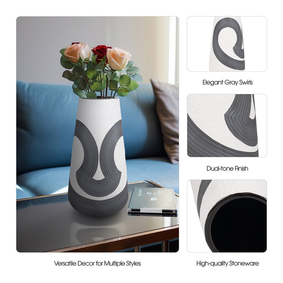 17" Noir Black & White Ceramic Vase, Modern Monochrome Home Decor Accent