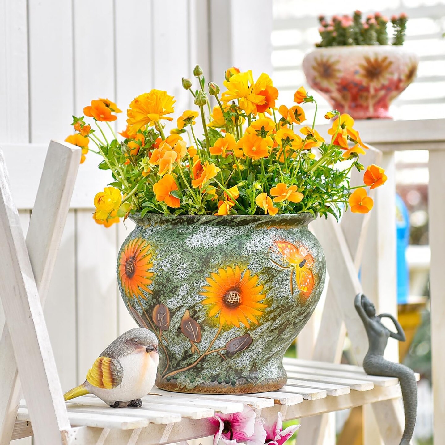 9 Inch Ceramic Hand Painted Succulent Flower Pots (Green & Orange)