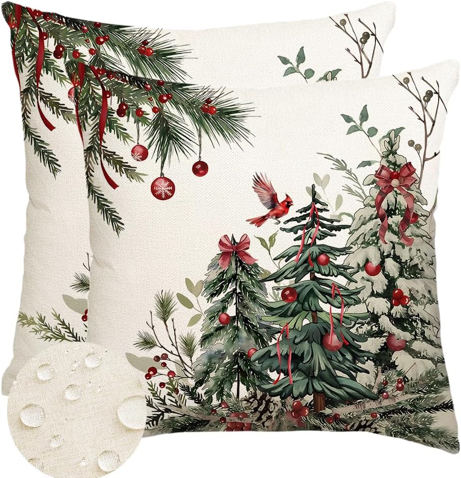 Christmas Pillow Covers 18x18 Inch,Outdoor Christmas Tree Decorative Throw Pillows Waterproof Set of 2,Winter Pillow Cases,Christmas Decorations for Couch Home Holiday Xmas Green Pine(7-18)