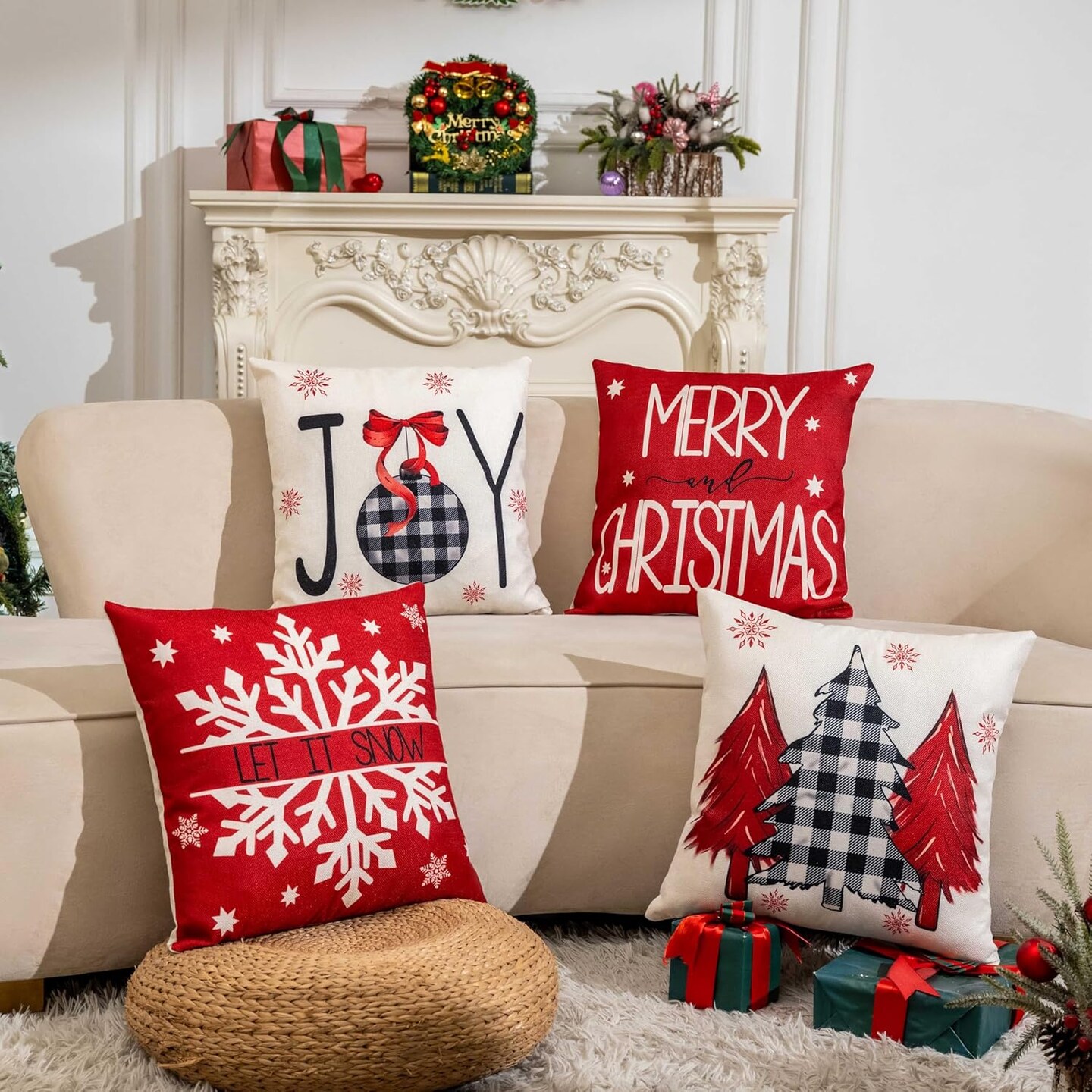 Red Christmas Decorations-Throw Pillow Covers 18x18 in Set of 4,Decorative Joy Snowflake Pillow Case for Couch Sofa Winter Holiday Indoor Outdoor Home Red White Xams Decorations