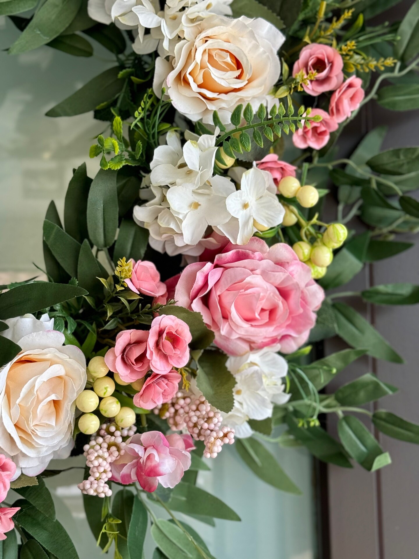 Lyla Pink White Rose Green Beech Wreath 24" All Season Indoor Outdoor