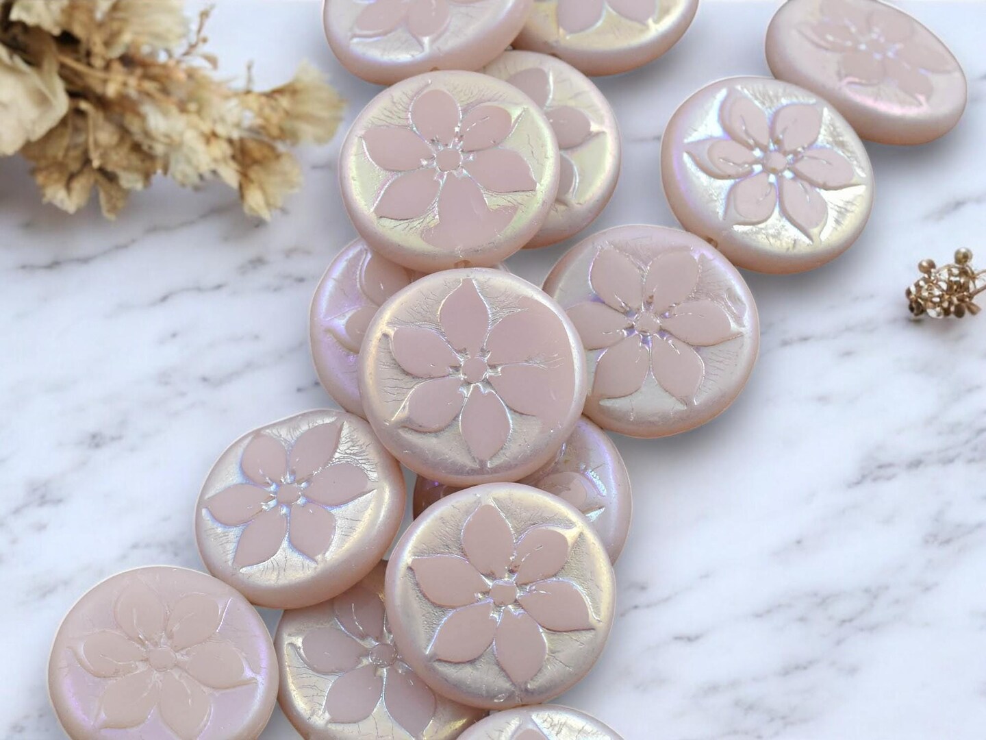 *5* 18mm Rosaline Pink AB Floral Coin Beads