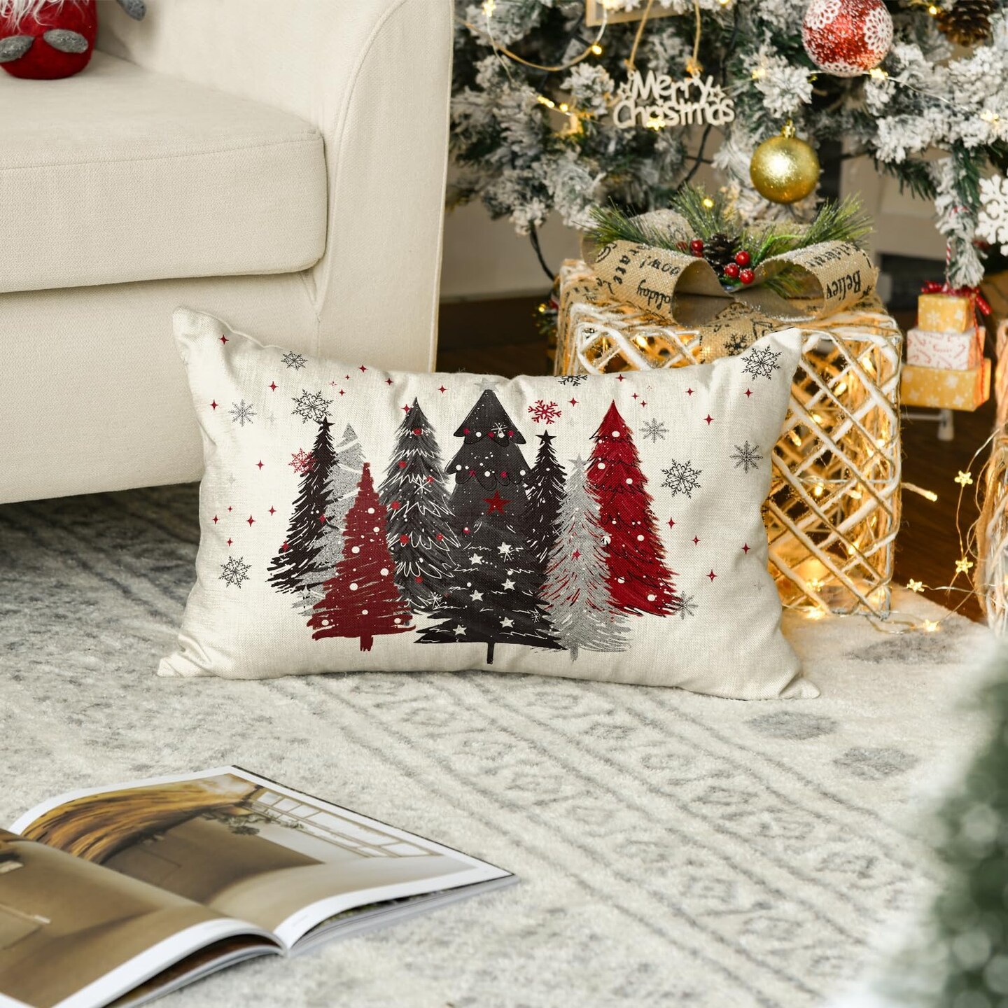 Red and Black Merry Christmas Trees Snowflake Throw Pillow Cover, 12 x 20 Inch Seasonal Winter Holiday Cushion Case Decoration for Sofa Couch