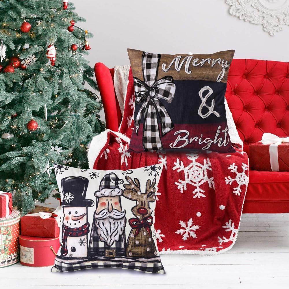 Christmas Throw Pillow Covers Set of 4,18x18 Inch Xmas Trees Snowman Santa Elk Buffalo Plaid Merry Christmas Winter Holiday Farmhouse Decorative Cushion Case for Sofa Couch Decor