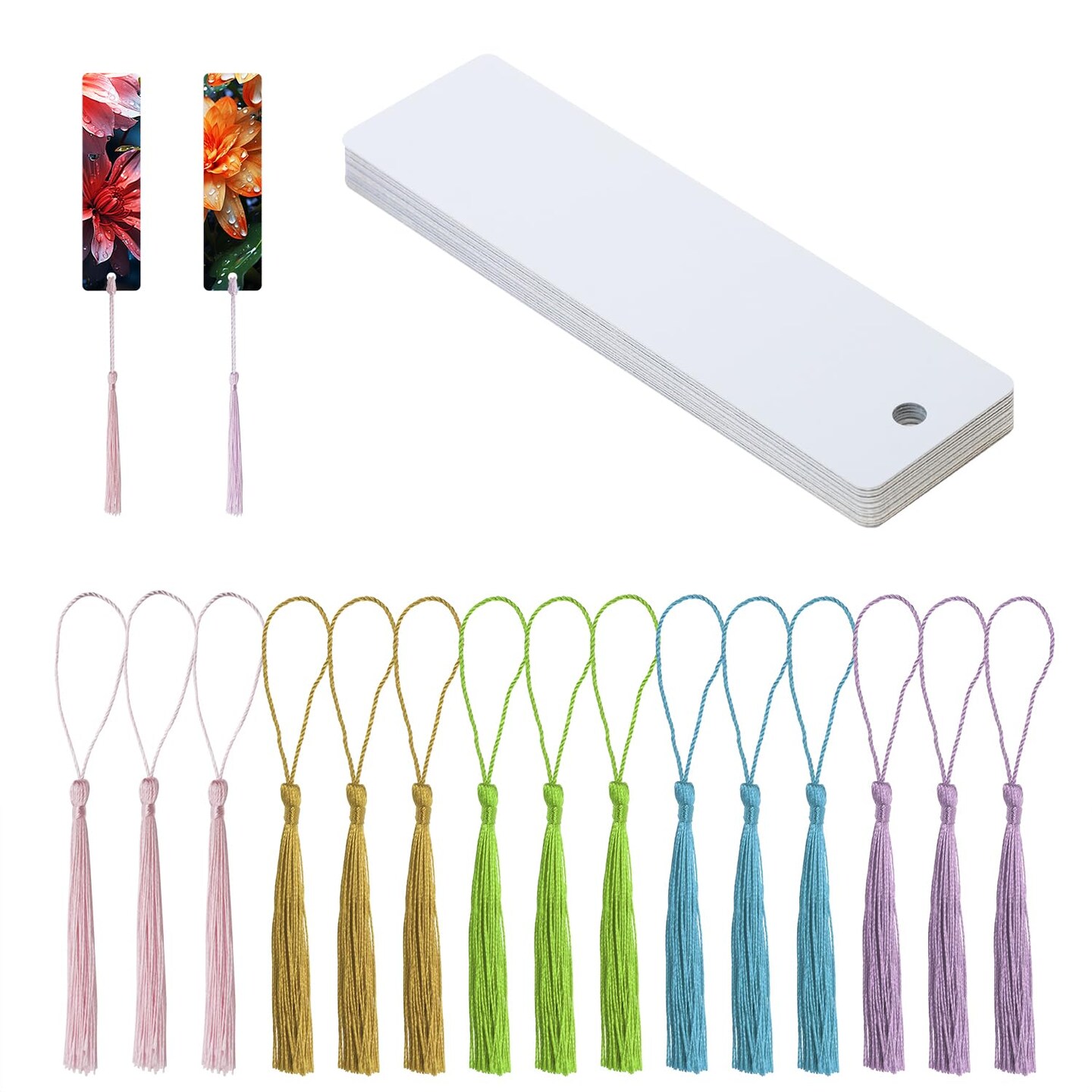 Sublimation Blank Bookmarks 15Pcs Double-Side Heat Transfer Metal Craft Book Marker with 15Pcs Colorful Silky Tassels for Birthday Wedding DIY Projects and Gift Tag (3.2x12cm, Rectangle)
