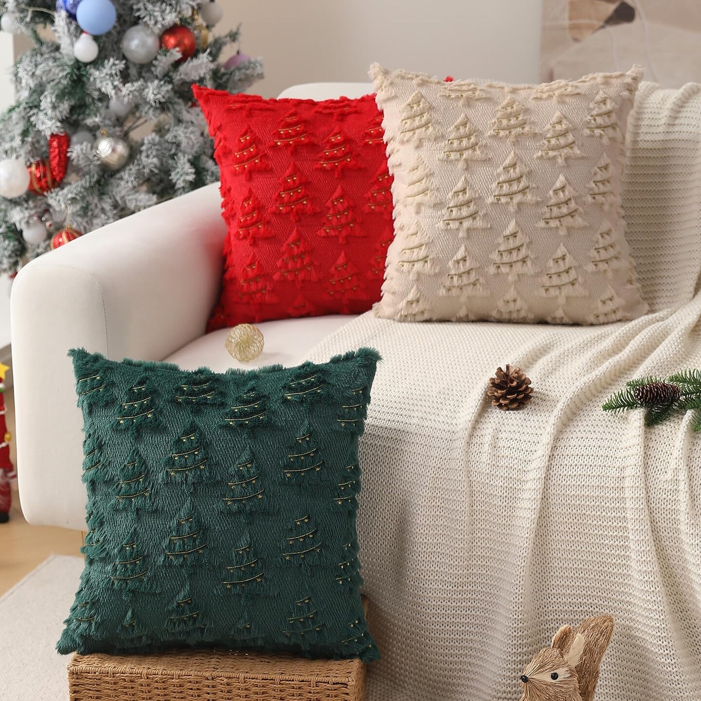 Christmas Pillow Covers 18x18 inch Set of 2 Christmas Decorations Soft Plush Faux Fur Beige Christmas Tree Embroidered Christmas Lights Throw Pillow Covers Winter Holiday for Sofa Living Room