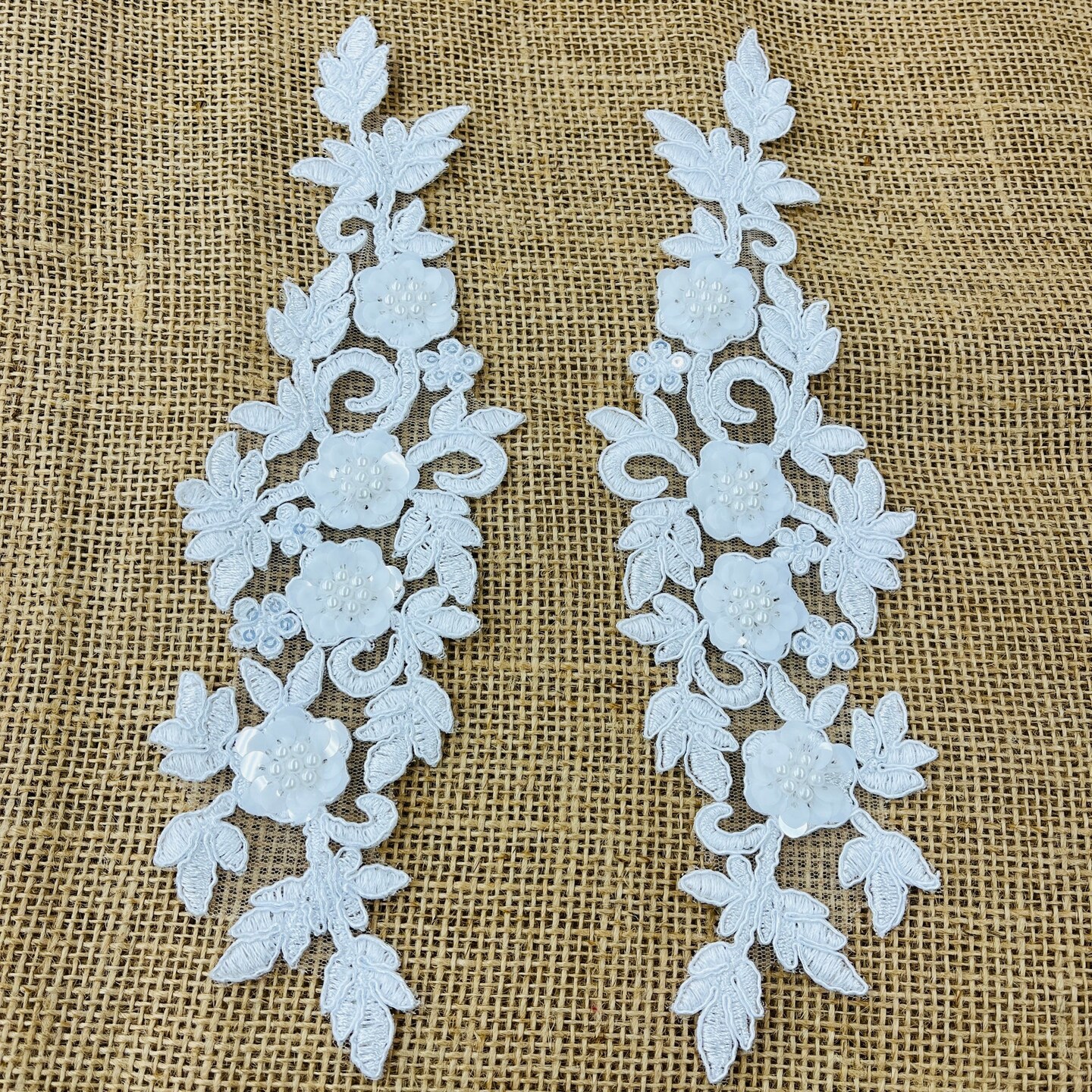 1 Pair 11" x 3" Each Side Beaded & Corded Floral 3D Lace Applique 100% Polyester Net Mesh