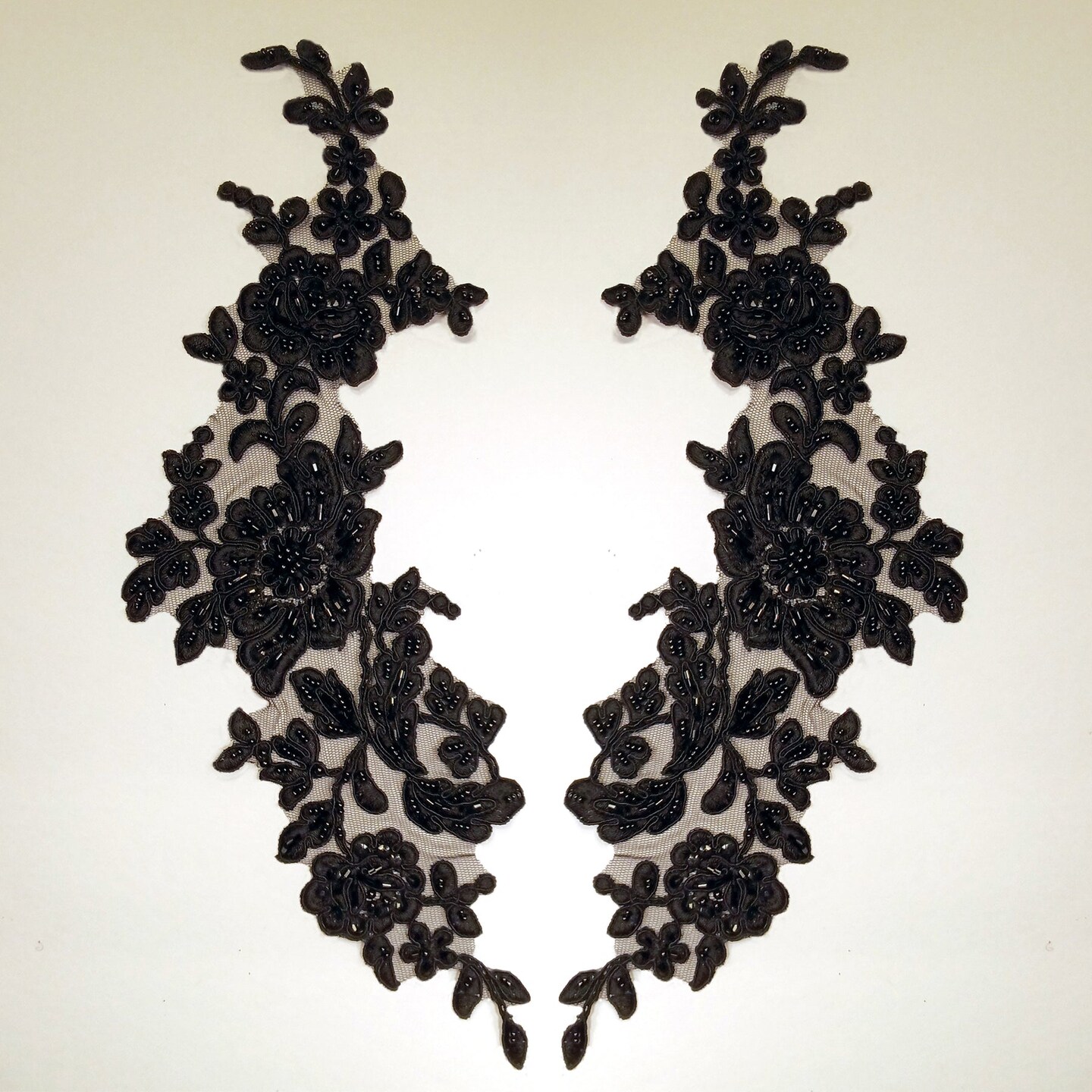 1 Pair Beaded &#x26; Corded Floral Lace Applique on 100% Polyester Net Mesh 13&#x22; x 3&#x22; Each Side