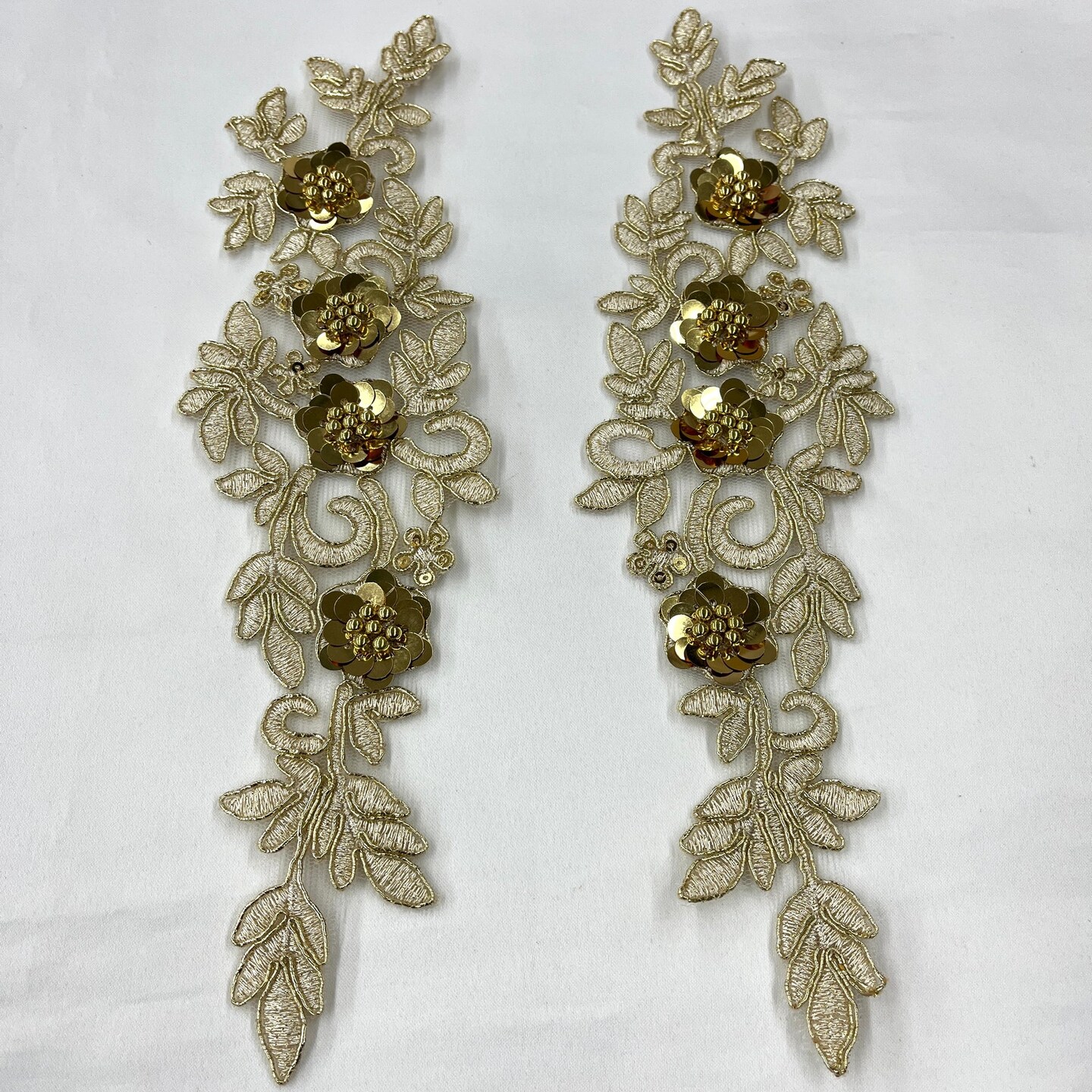 1 Pair 11" x 3" Each Side Beaded & Corded Floral 3D Lace Applique 100% Polyester Net Mesh