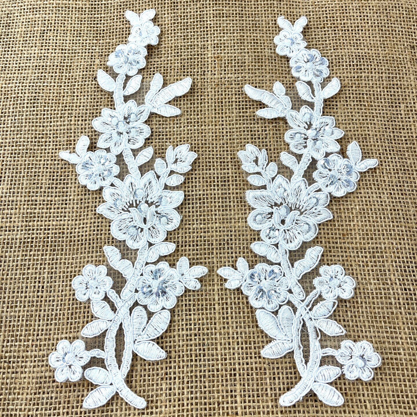1 Pair Beaded & Corded Floral Lace Applique 10" x 2" Each Side