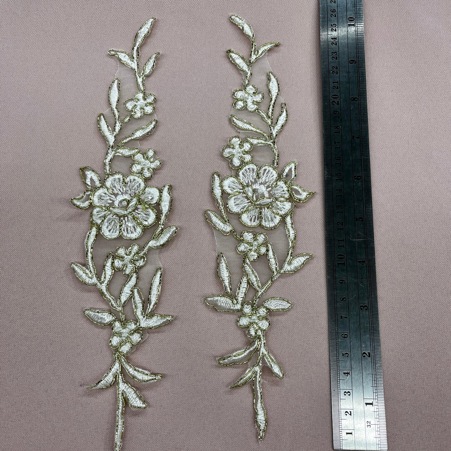 1 Pair Beaded & Corded Lace Applique Embroidered on 100% Polyester Organza 10" x 2" Each Side