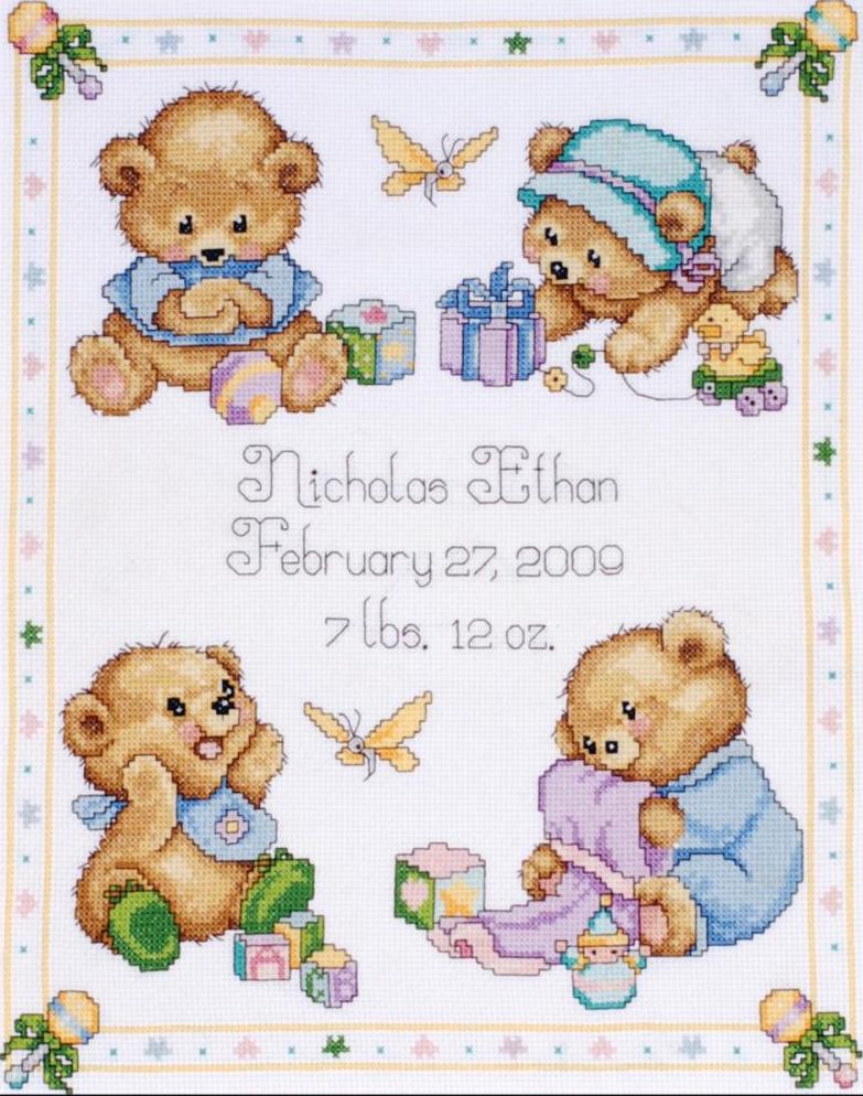 DIY Tobin Baby Bear Teddy Child Birth Record Counted Cross Stitch Kit 11x14