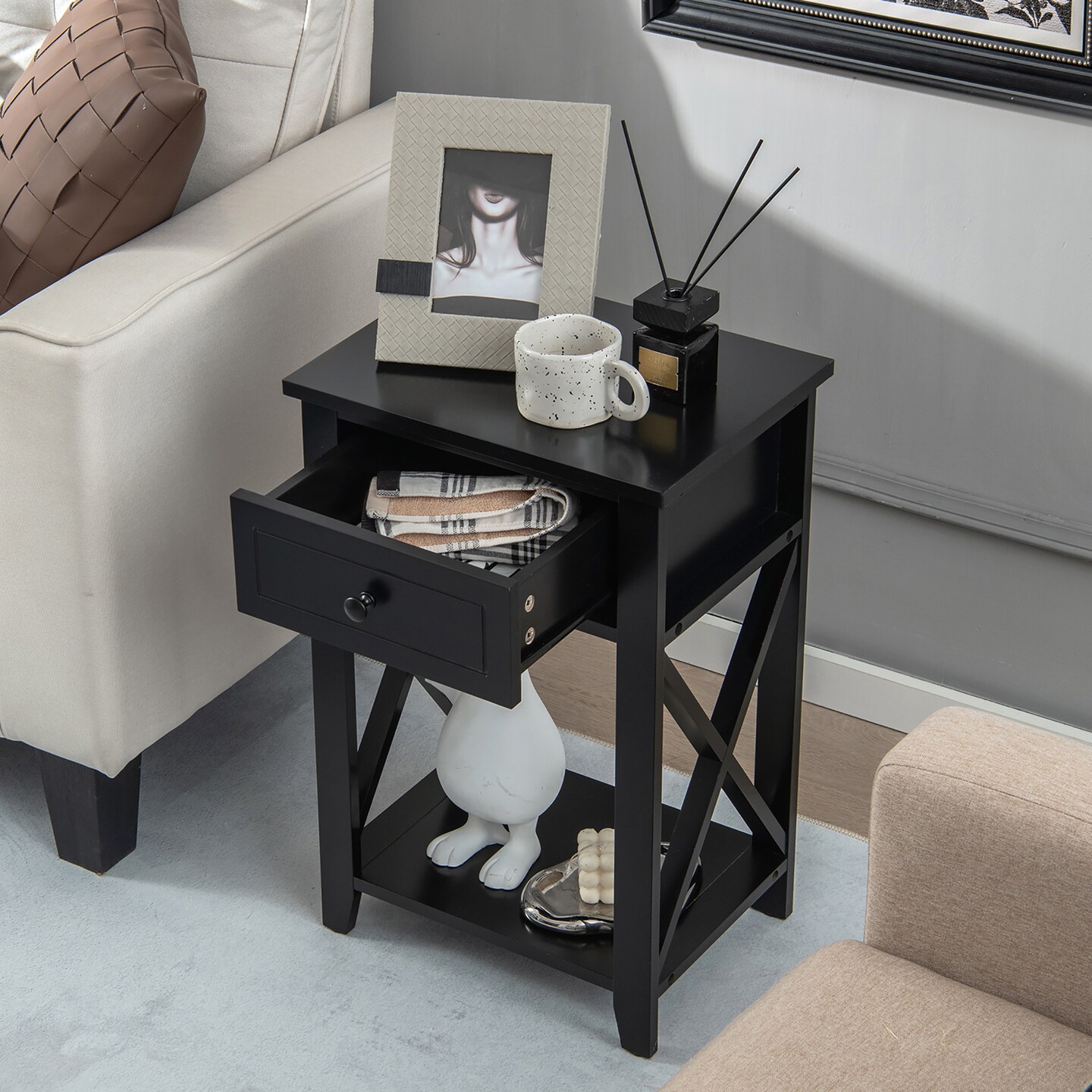 Costway Nightstand Chair Side End Table with Drawer & Shelf Bedroom Furniture White\ Brown\Black