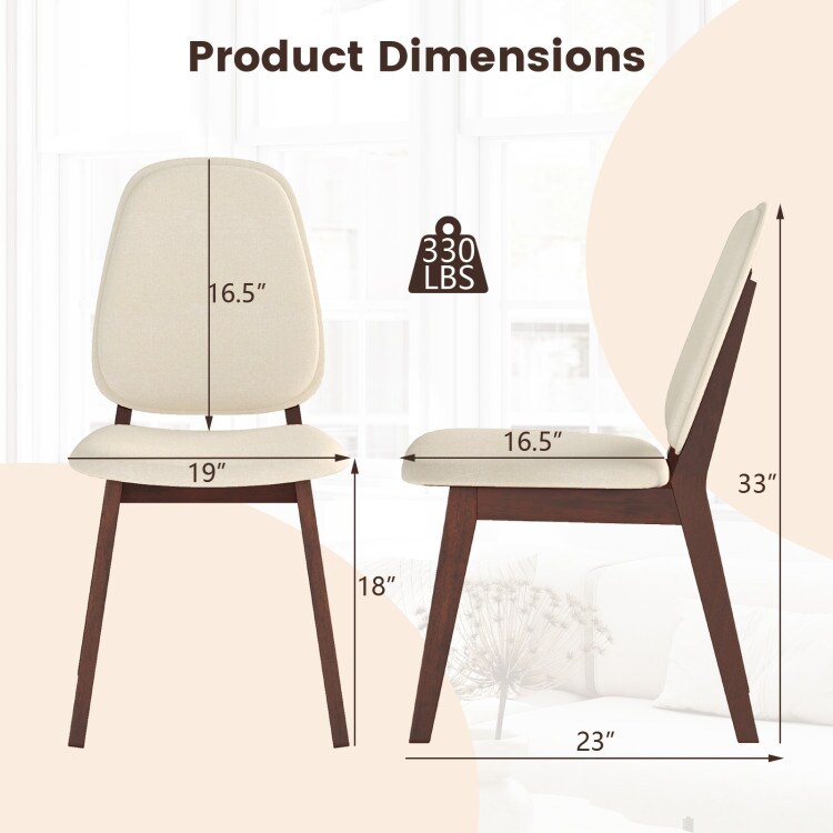 Brown & Beige Dining Chairs Set of 2 – Rubber Wood Frame, Linen Fabric Cushioned Seat, Ergonomic Curved Back