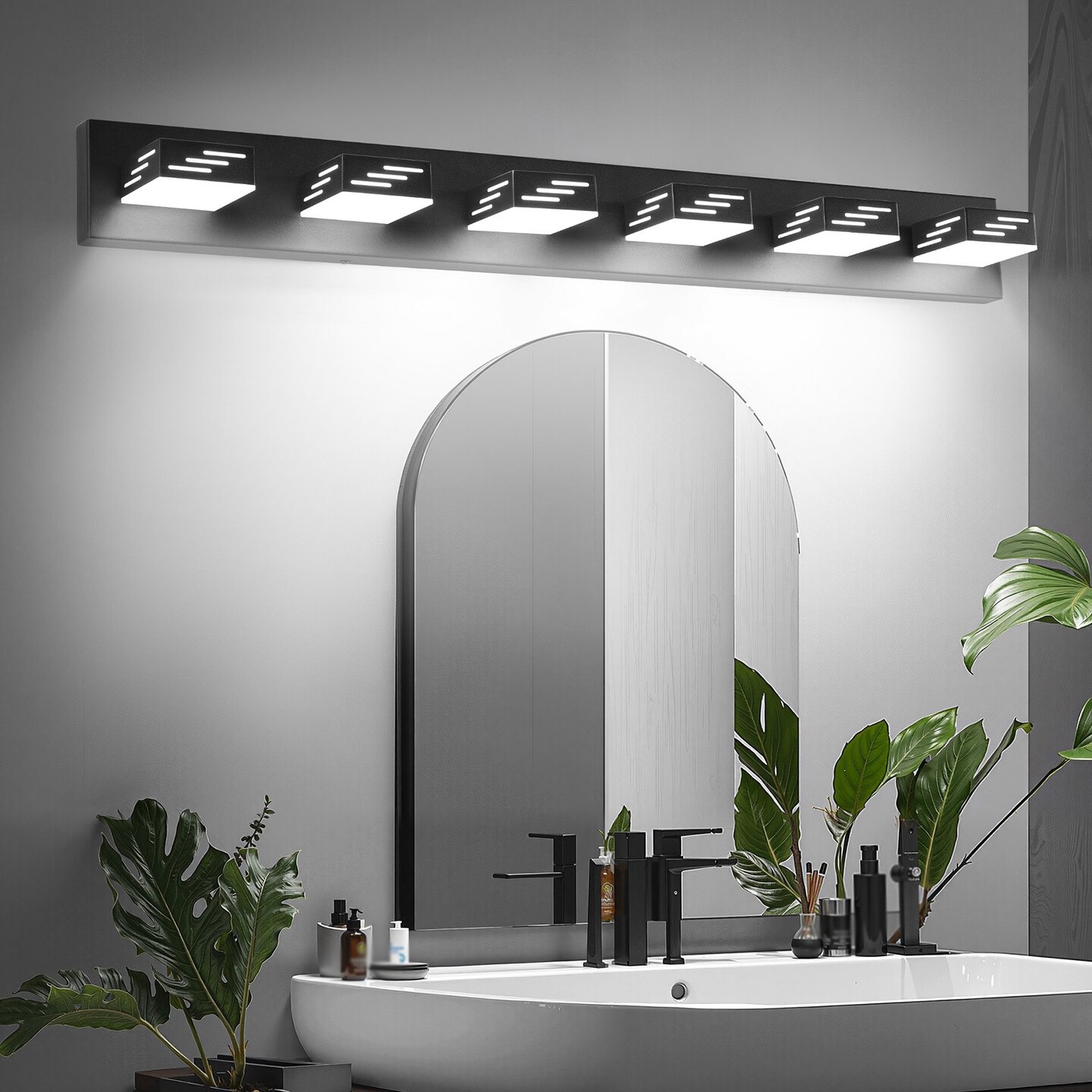 6-Light Black LED Bathroom Vanity Light Fixture, 48W Modern Waterproof Wall Sconce with 360° Rotatable Heads